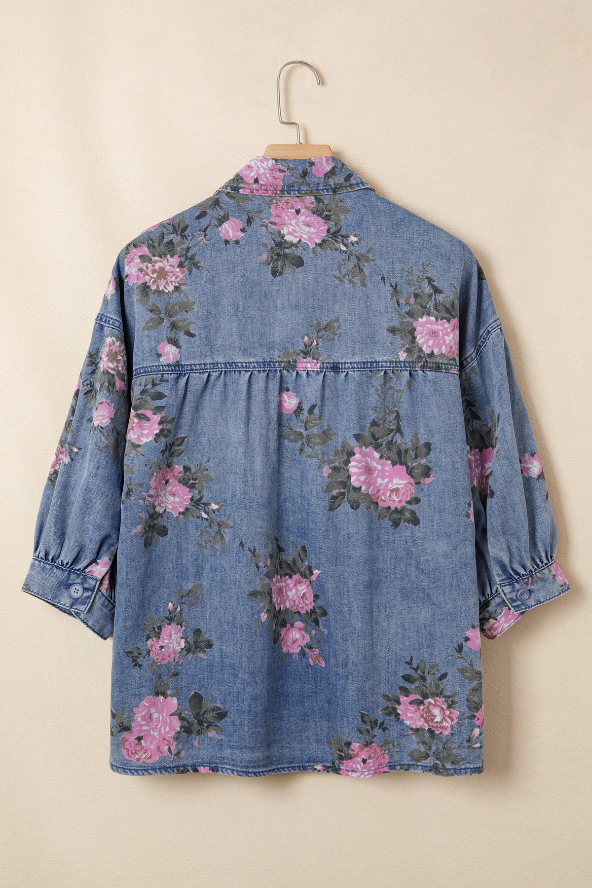 Blue Bracelet Sleeve Floral Denim Shirt 89e3fd145bed8b95