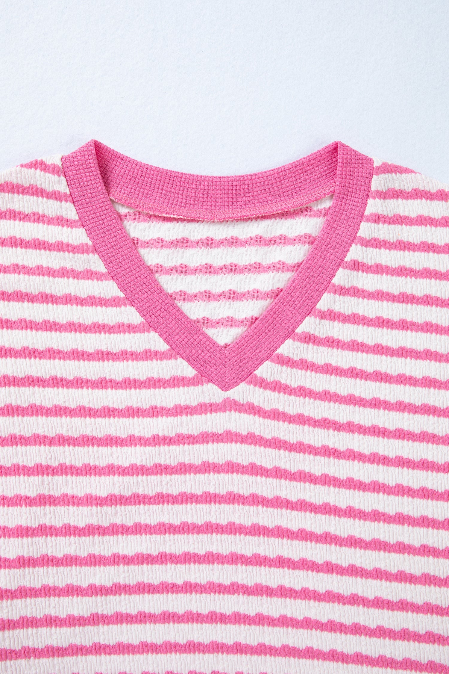 Pink Stripe Textured Knit Contrast Trim V Neck Short Sleeve Top 89e5baf9f4cfd103