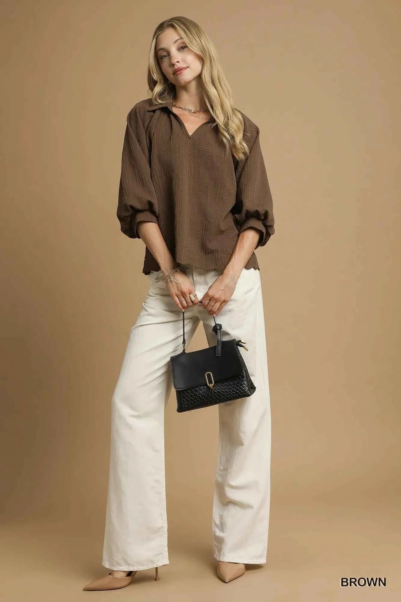 Umgee Oversized Balloon Sleeve Textured Blouse 89e5f42a-b525-4316-a17c-ca3c736683c2-Max-Origin