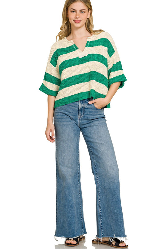 Split Neck Stripe Sweater 89ed94559136462fb12eeec5ebb4505e-Max