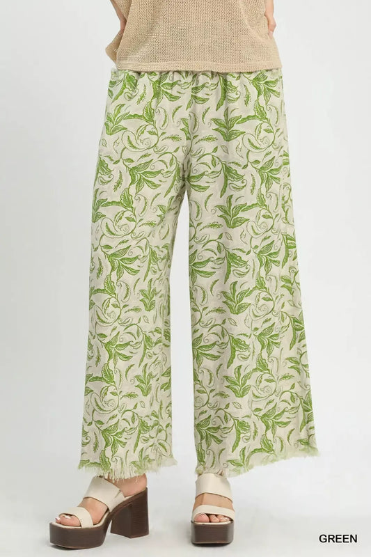 Umgee Linen Printed Wide Leg Raw Hem Pants GREEN 89ee95e2-a6b0-4088-8e2f-d7dd354b9c28-Max-Origin