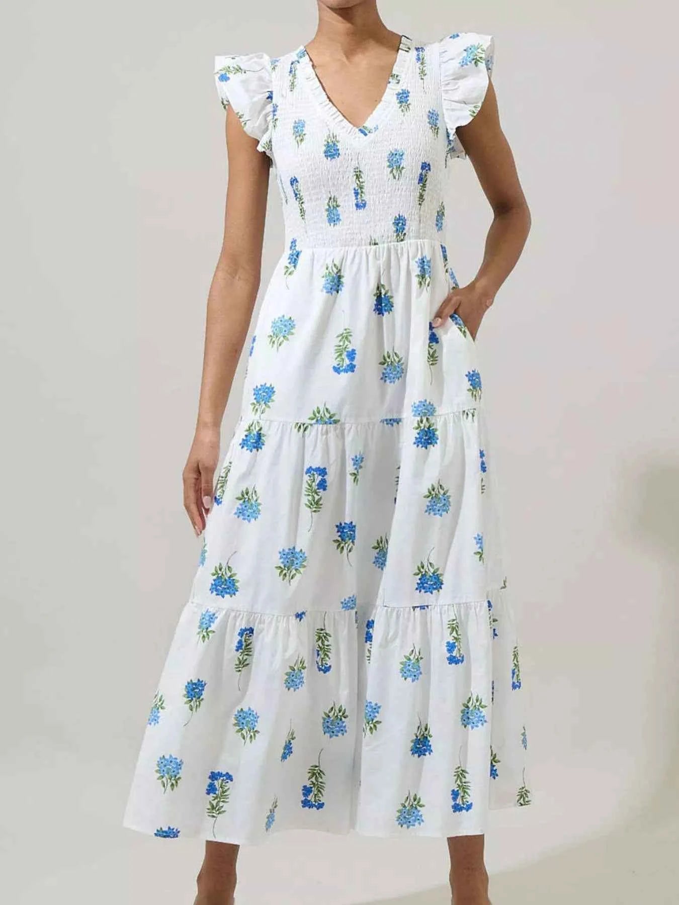 Ruffled V-Neck Tiered Midi Dress White 89f15b2b-2e6b-4d0c-9f01-262a976c26c2-Max-Origin