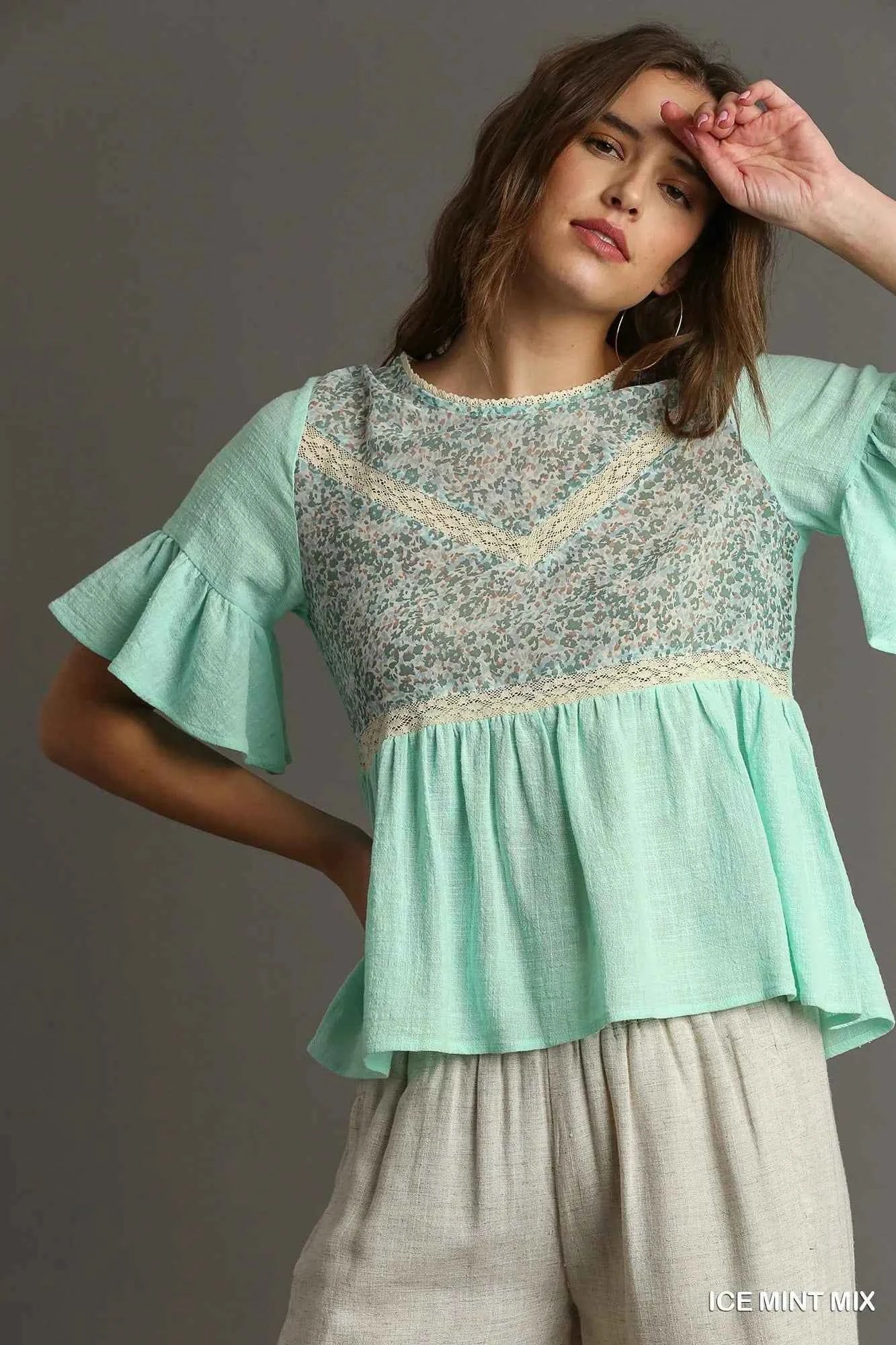 Umgee Floral Lace Trimmed Detail Half Sleeve Babydoll Top ICE MINT MIX 89f496a3-0468-4e36-9a46-4d9fb98e004a-Max-Origin
