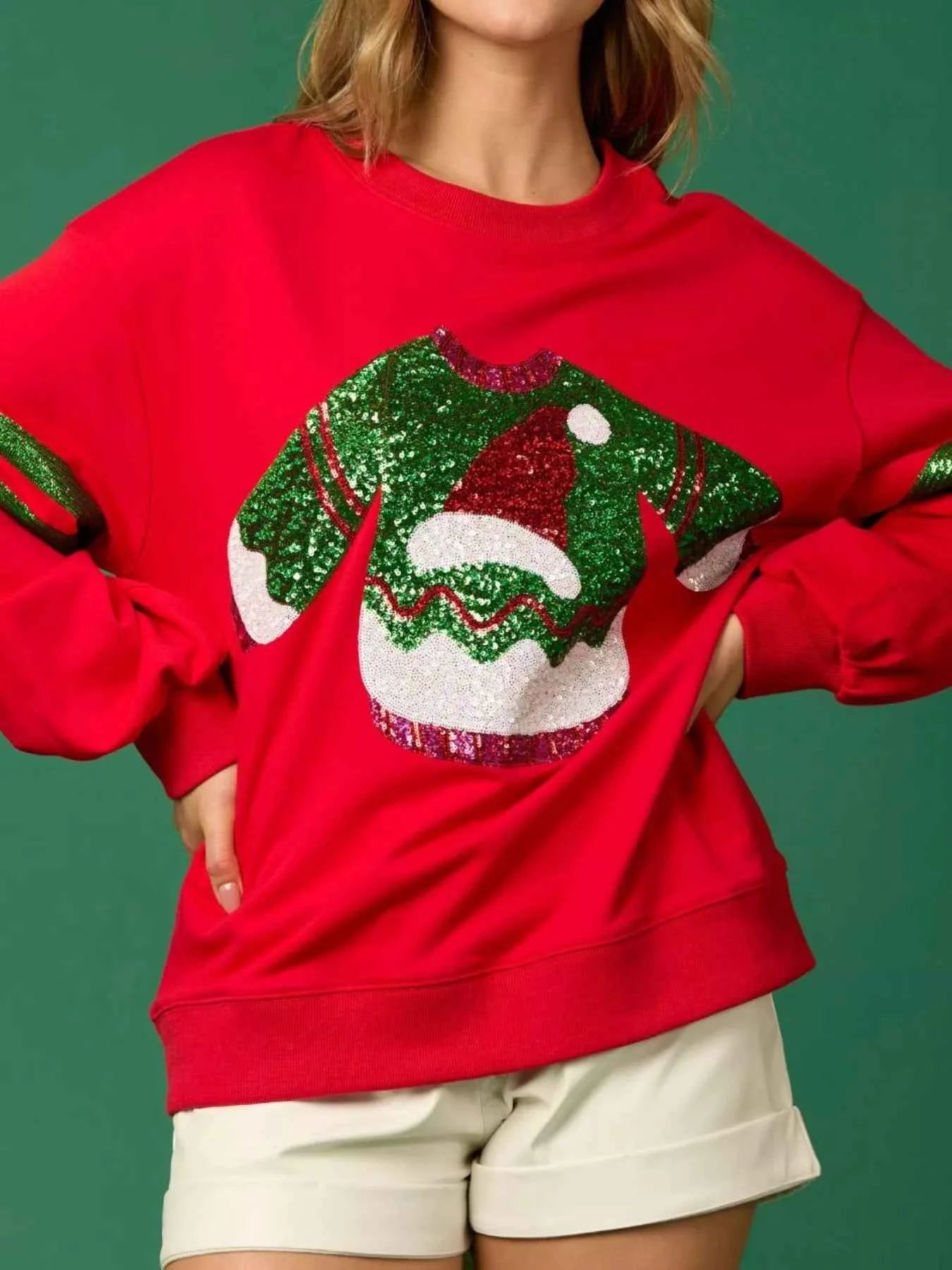 Christmas Sequin Santa Hat Holiday Sweatshirt Red 89fc9d47-0697-408b-abe0-32332def7413-Max-Origin