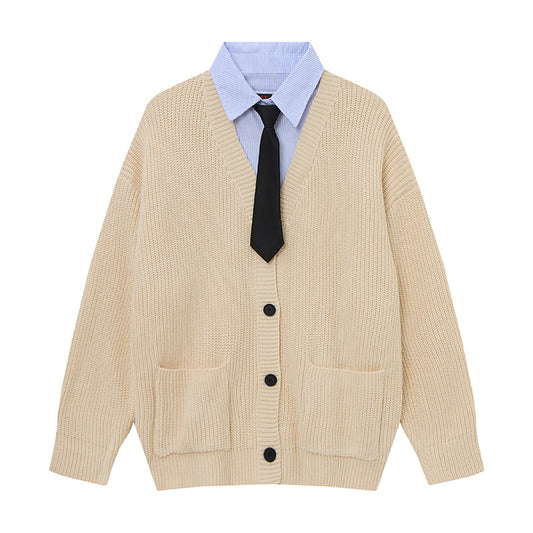 Faux Layered Tie-Collar Knit Sweater