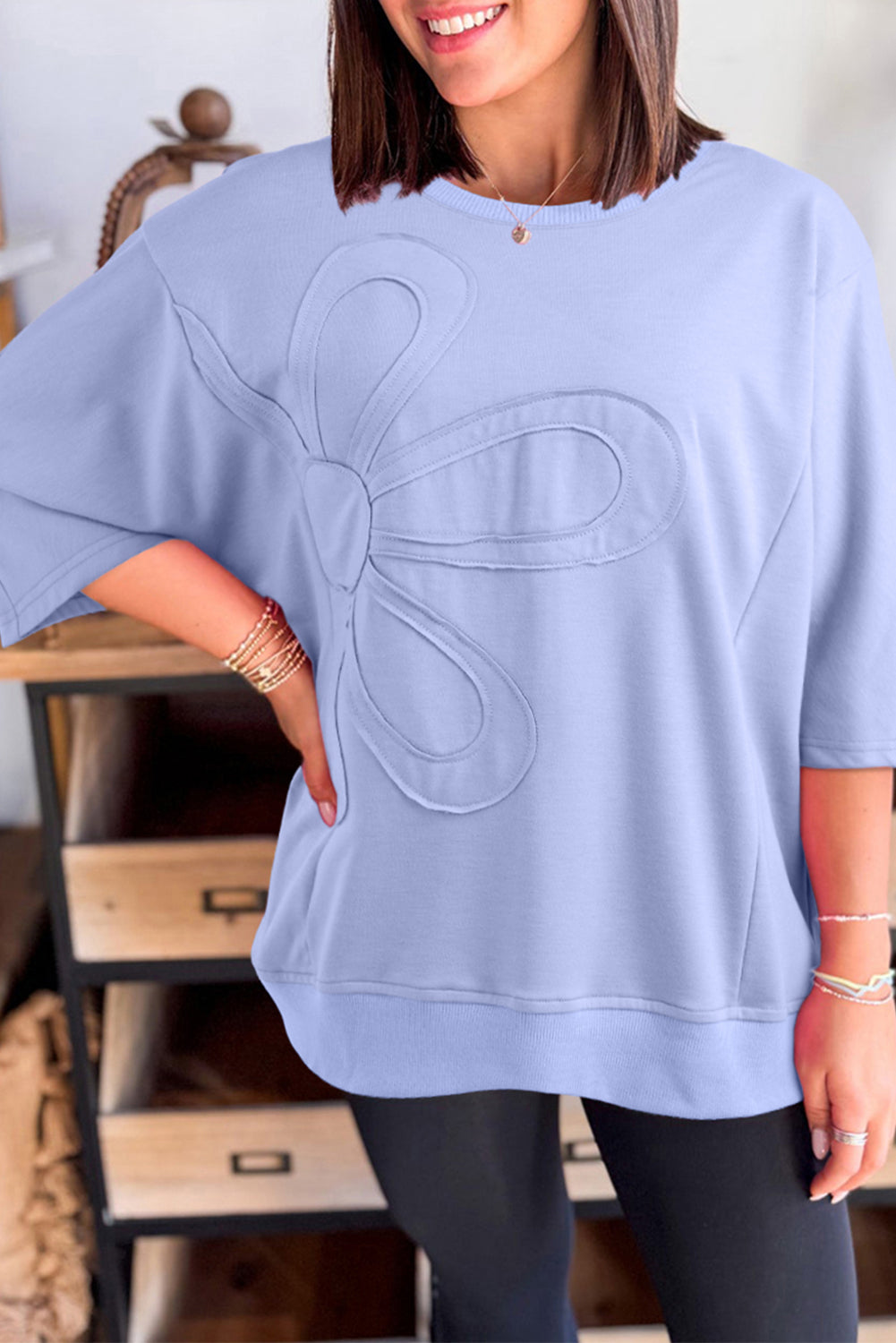 Clearly Aqua Solid Color Floral Patched Half Sleeve Tunic Top Beau Blue 8a044a6c6d002435