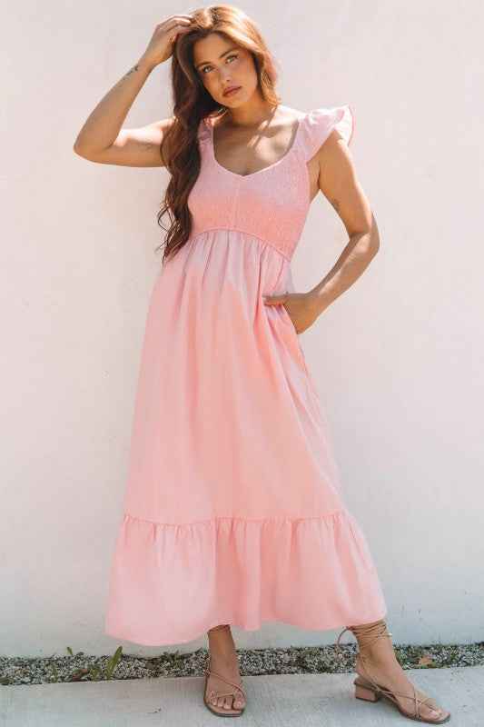 Solid V-Neck Flutter Sleeve Ruffle Maxi Dress 8a05d323-5d46-4b9f-9970-7e06422e1dec