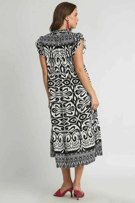 Full Size Two Tone Border Print Ruffle Cap Sleeve Midi Dress Plus Size 8a0f15e0-47e0-4bed-a443-91ca63261f63-Max