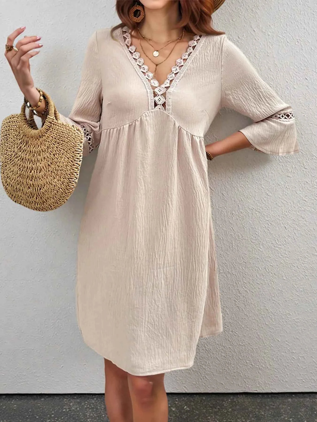 Lace Detail V-Neck Bell Sleeve Dress Apricot 8a13f1312967402cadf2cc5cbec18374-Max-Origin