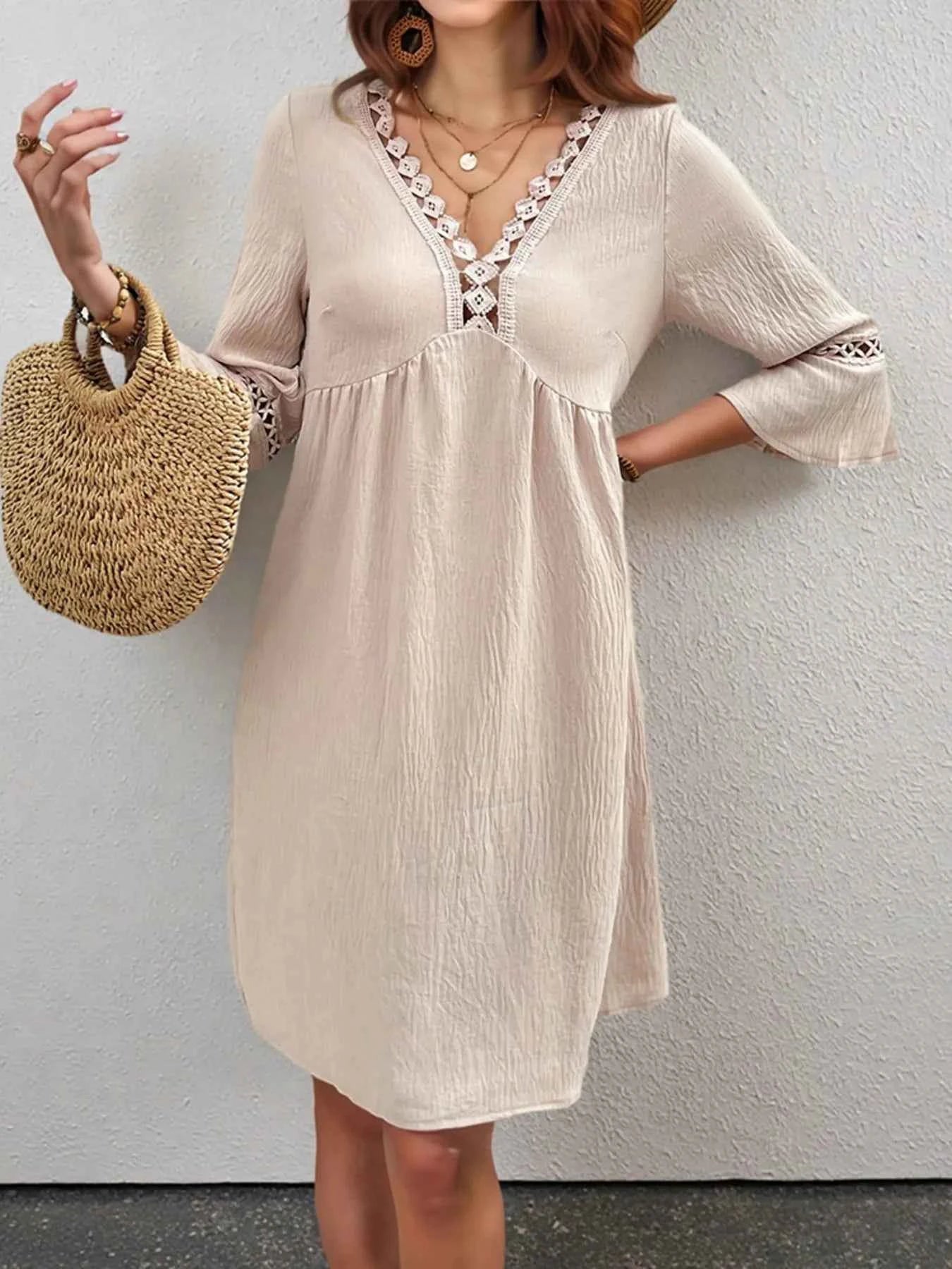 Lace Detail V-Neck Bell Sleeve Dress Apricot 8a13f1312967402cadf2cc5cbec18374-Max-Origin
