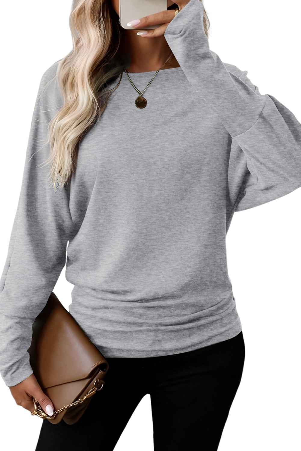 Light Grey Solid Color Round Neck Dolman Sleeve Top 8a17bc038c311165