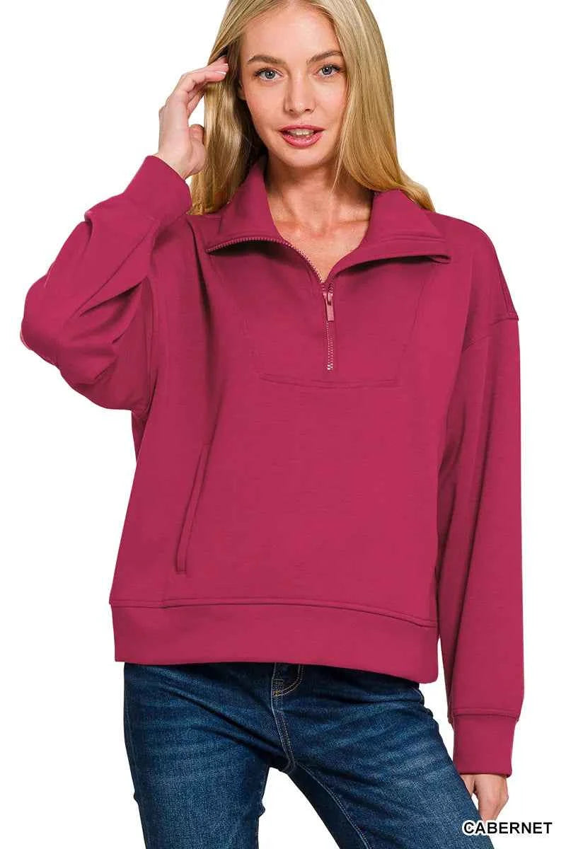 Zenana Scuba Half Zip Sweatshirt with Pockets CABERNET 8a182a29-799d-4231-a644-f522d846807b-Max-Origin