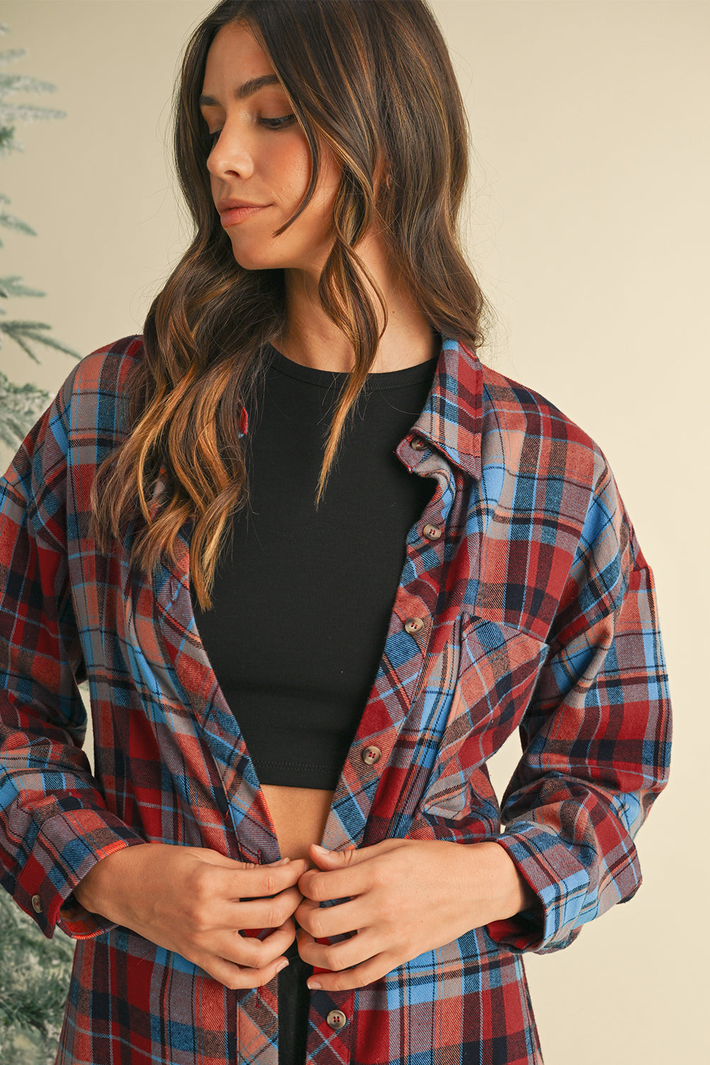 Orange Plaid Print Pocket Loose Shirt Shacket Red 100%Cotton 8a19964aeda4a64e