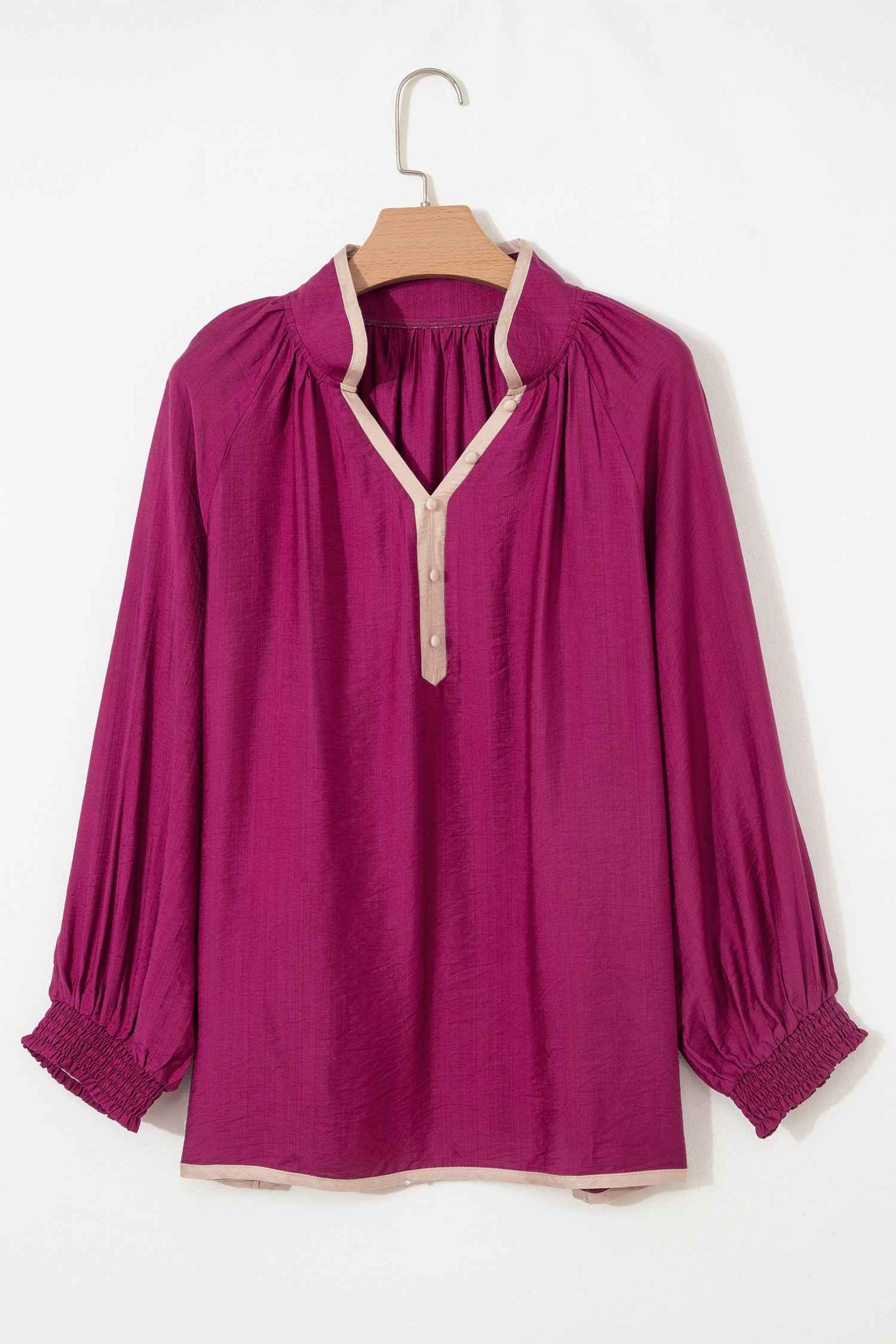 Wild Ginger Plus Size Contrast Trim Button V Neck Puffy Bracelet Sleeve Blouse 8a1a2743221d6783