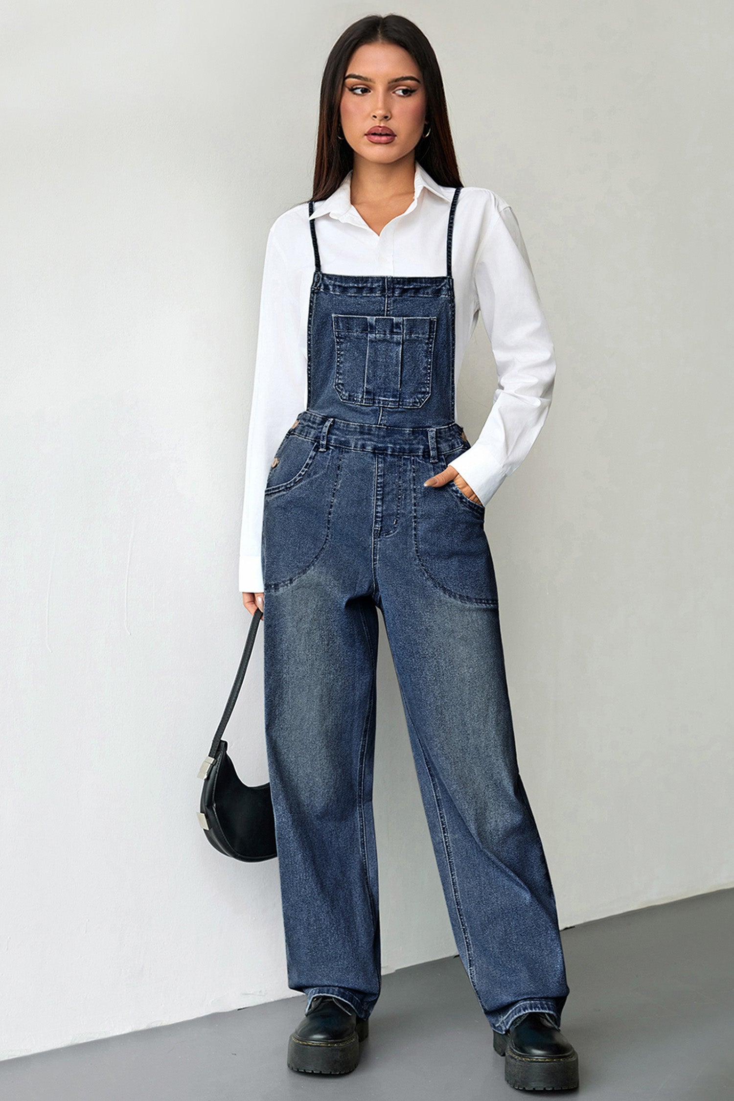 Dark Blue Crossed Tie Straps Bib Pocket Loose Denim Overalls 8a1d8f7ba6143884