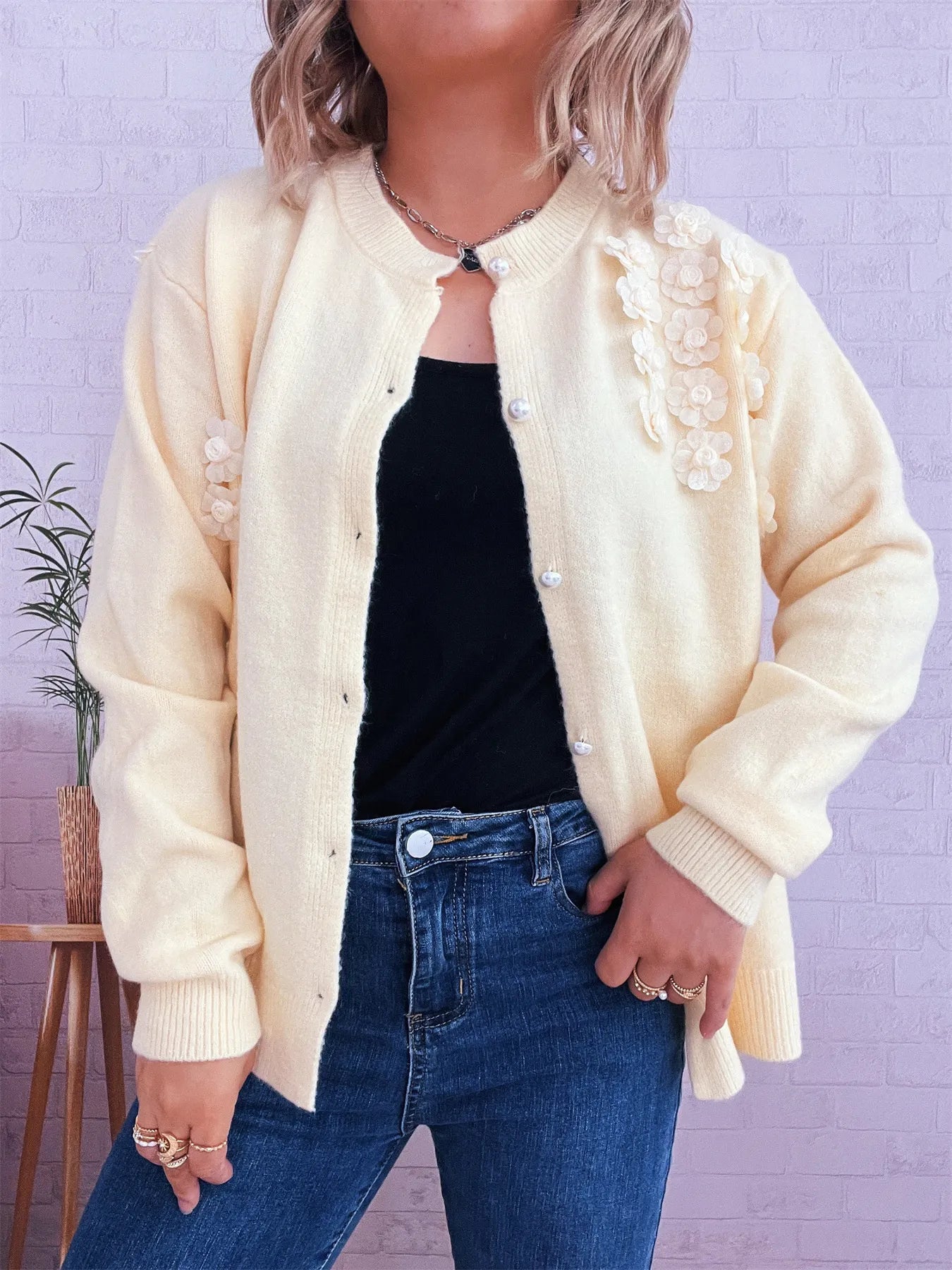 Flower Button Up Long Sleeve Cardigan Yellow One Size 8a2282fde21044fa8cbfdbf9bdaa82ac-Max-Origin