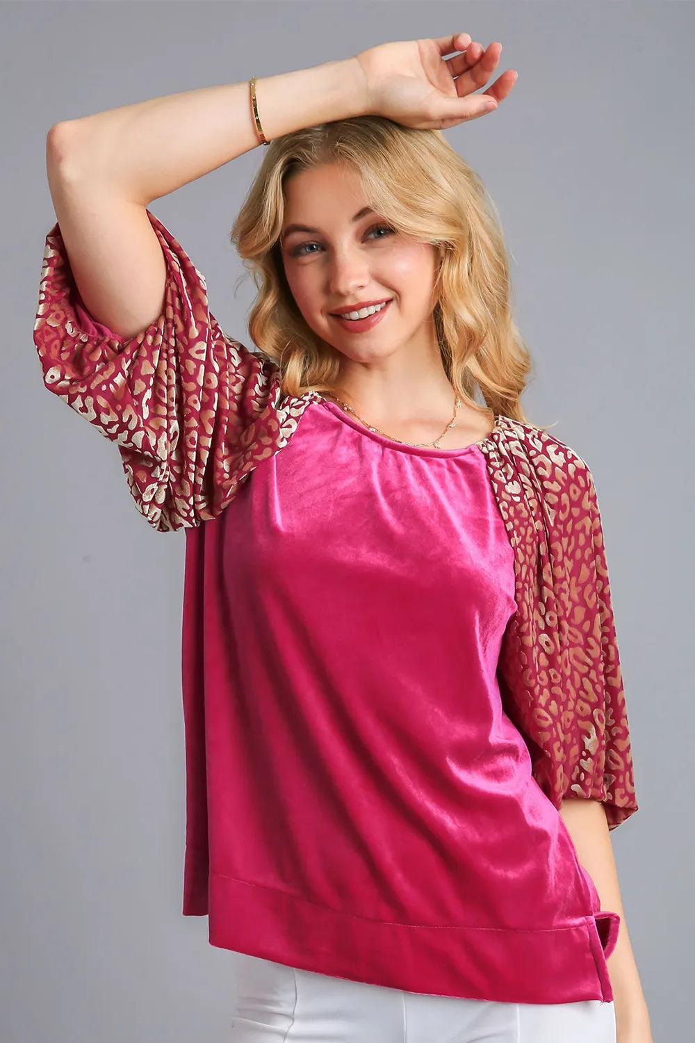 Umgee Round Neck Leopard Balloon Sleeve Velvet Top Raspberry 8a260981-8c85-4e79-aea9-a7bd5e141495-Max