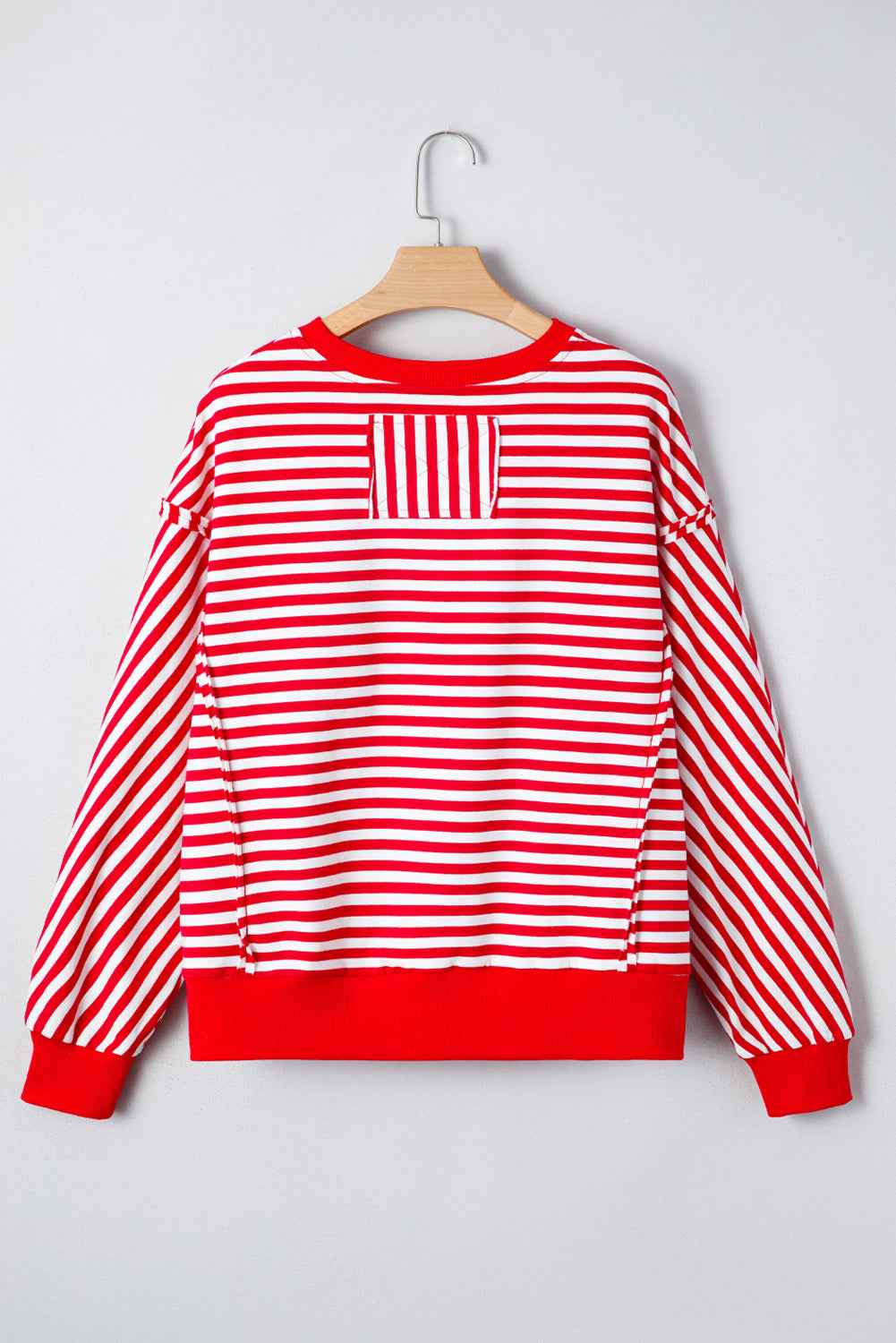 Red Striped Exposed Seam Drop Shoulder Long Sleeve Top 8a2657fe7f527f77