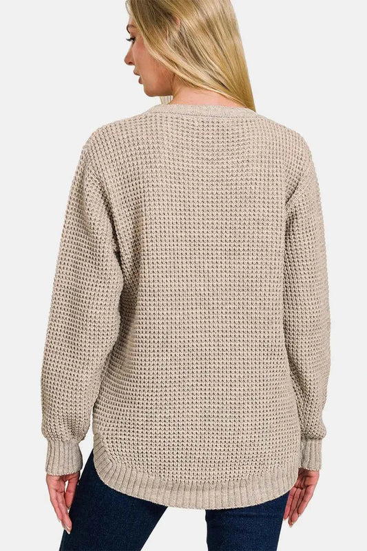 Zenana High Low Long Sleeve Waffle Sweater 8a290055-0971-4df2-ae51-afe3caf793ee-Max
