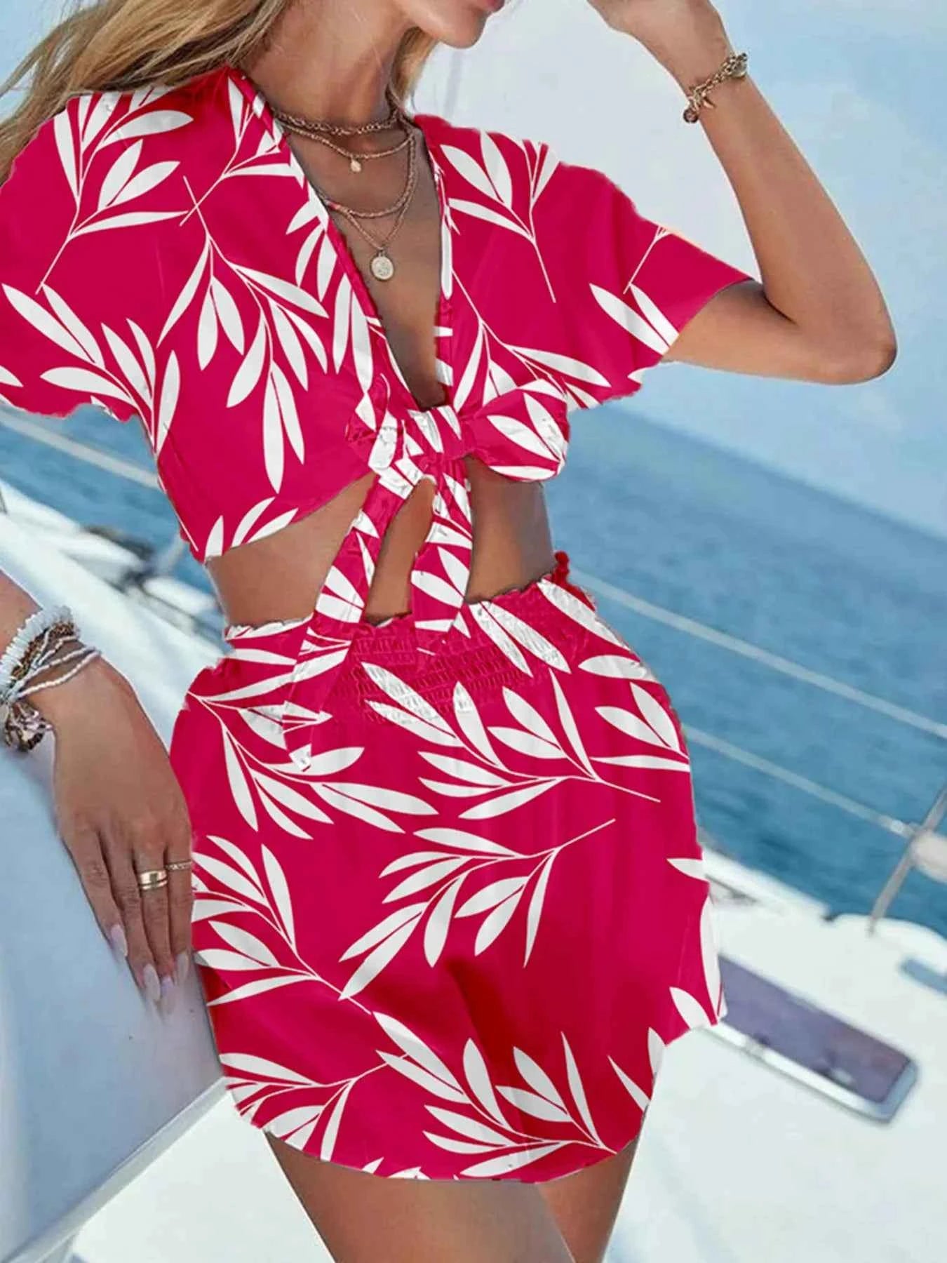 Printed Tie Front Top and Shorts Set 8a2c6528356140f0ae18f3828c7f803a-Max-Origin