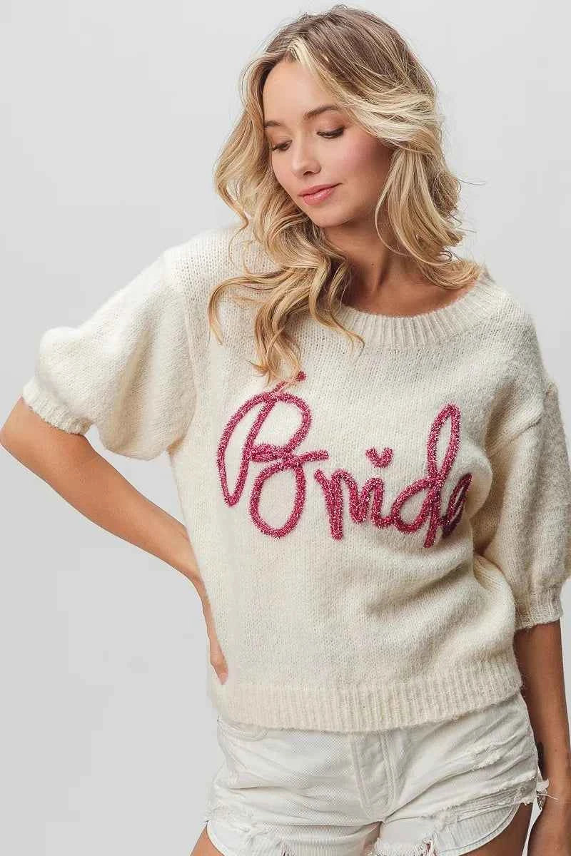 BiBi Metallic Letter Short Puff Sleeve Hairy Sweater 8a3278046be74382923b35b3887b0f5b-Max-Origin