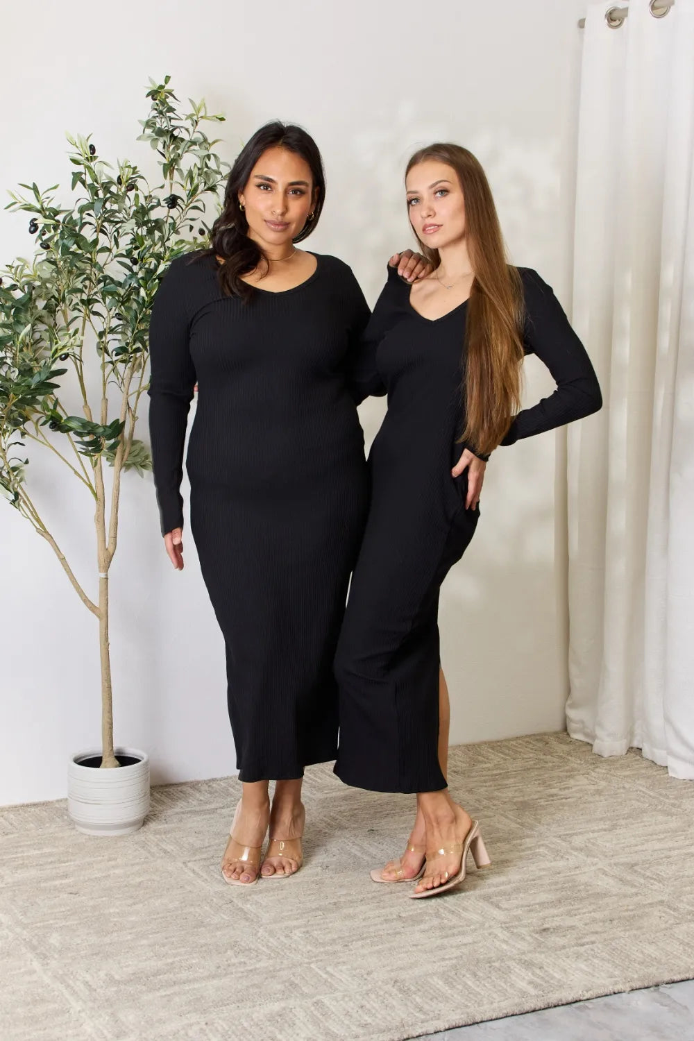 Culture Code Full Size Ribbed Long Sleeve Midi Slit Dress 8a34d7e3f4be4a0497e8dbdd1ba6dcfb-Max