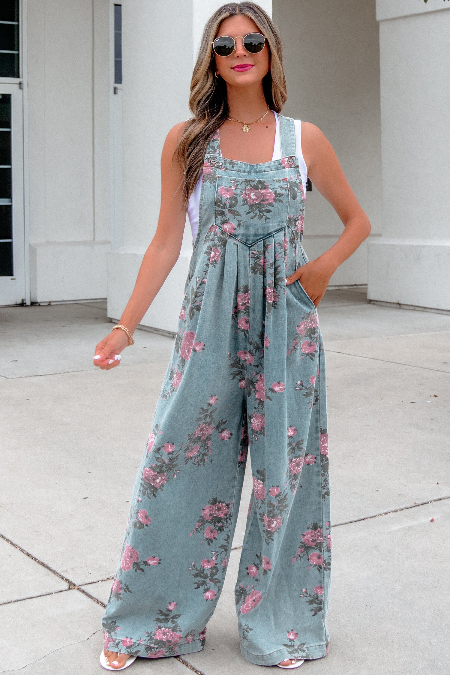 Beau Blue Floral Print Pleated High Waist Wide Leg Denim Jumpsuit 8a35a74f3803cb7a