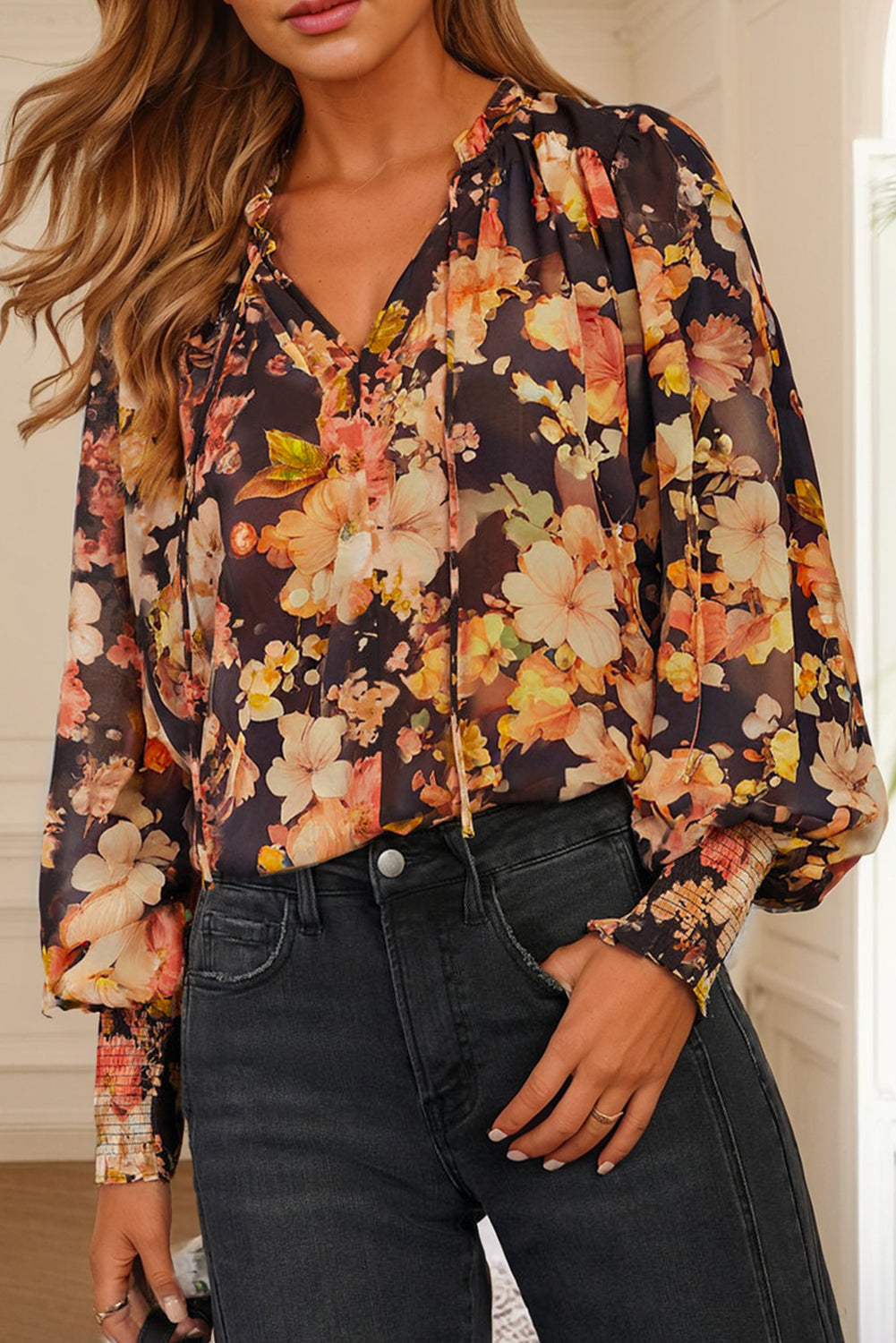 Black Floral V Neck Long Puff Sleeve Breezy Blouse Black 100%Polyester 8a3df5db440a0d0e