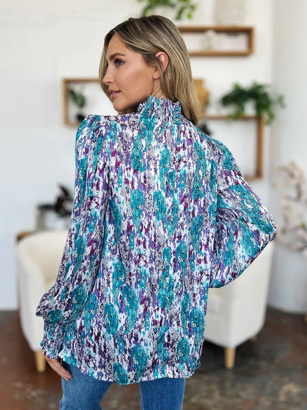 Double Take Full Size Printed Smocked Long Sleeve Blouse 8a411c86-3f87-4d65-9bf7-a4999625840f-Max