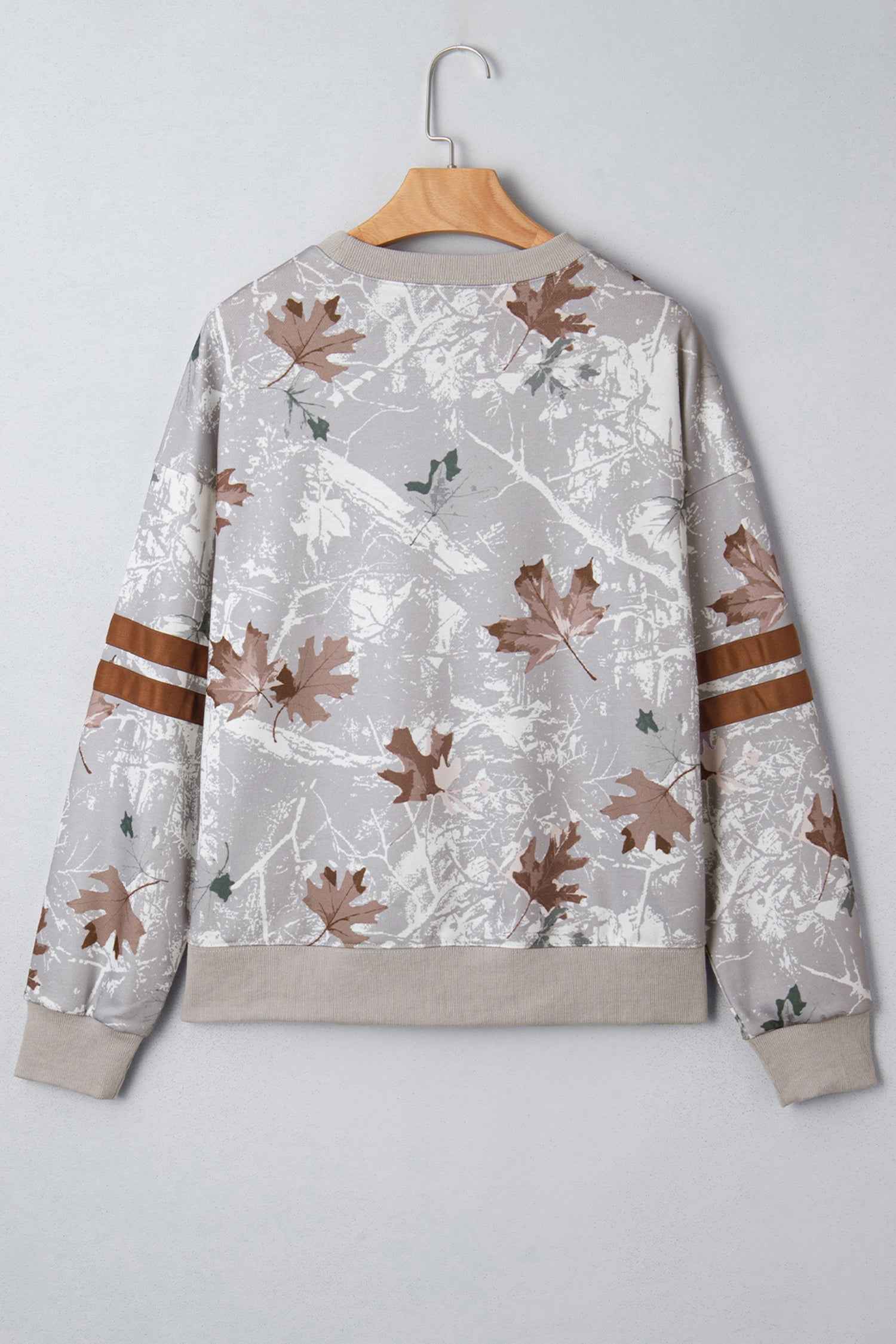 Gray Maple Leaf Camo Print Varsity Striped Sleeve Casual Sweatshirt 8a432c81d407a3b7