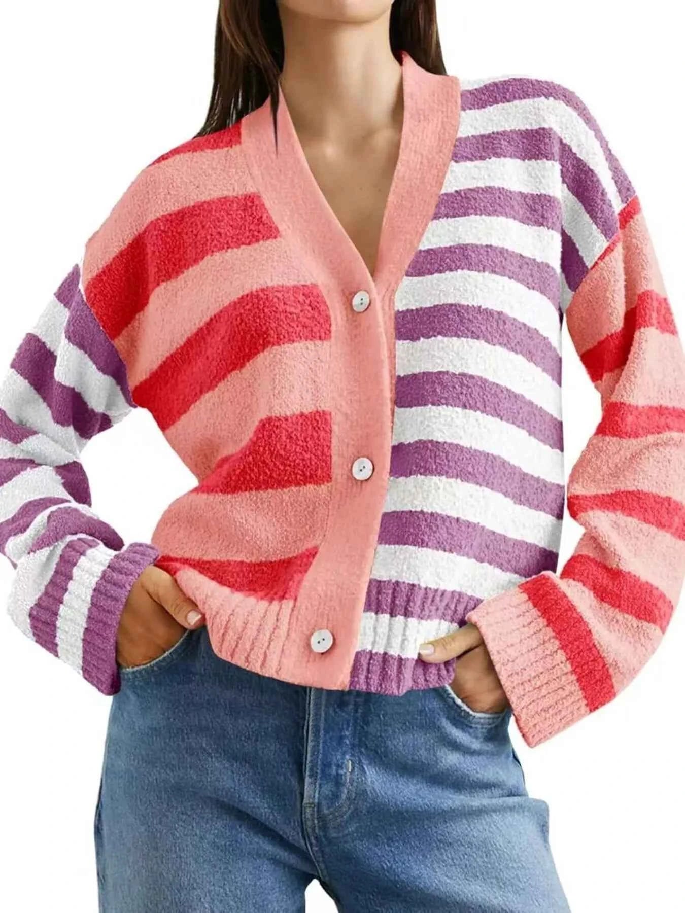 Striped Knit Button-Down Cardigan Pink 8a454473-5947-4f4d-8d1d-89580053cd20-Max-Origin