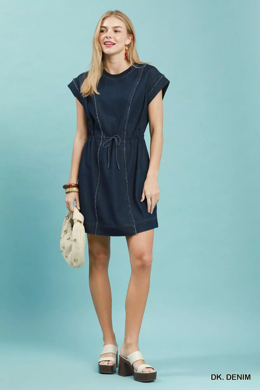 Drawstring Waist Frayed Denim Mini Dress 8a469648-1215-43e8-9518-e0ba0756c3e4-Max-Origin