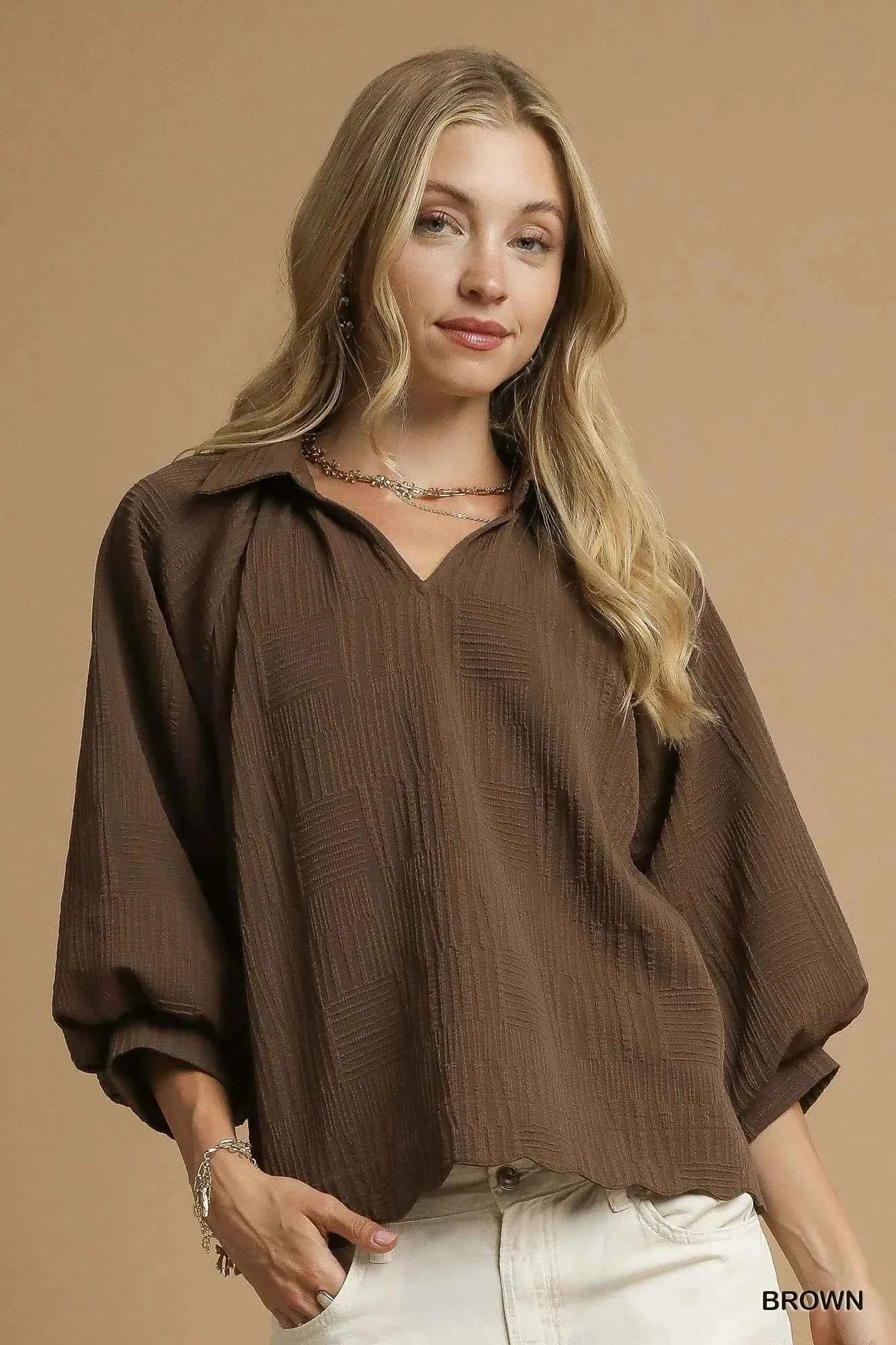 Umgee Oversized Balloon Sleeve Textured Blouse Brown 8a46c7f9-e553-45fd-8574-5f7ab11a6b57-Max-Origin