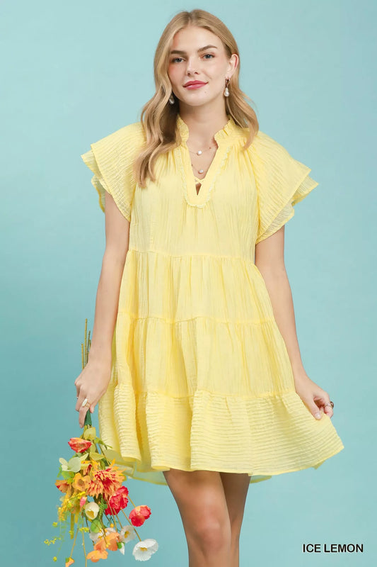 Tiered Ruffle Sleeve Textured Mini Dress ICE LEMON 8a49028c-29cf-4805-8477-8ccbdea4dcaa-Max-Origin