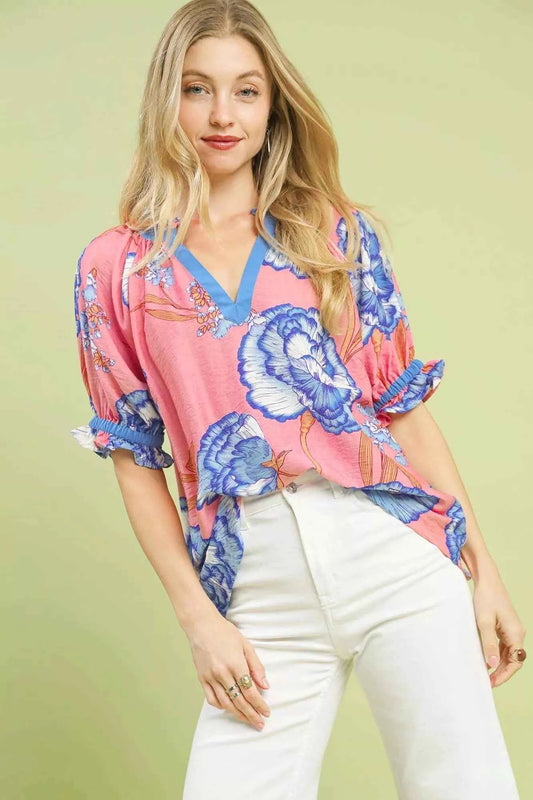 Umgee Floral V-Neck Puff Sleeve Blouse PINK 8a4db5dc-2a23-4de4-9ee0-baaceab823da-Max-Origin