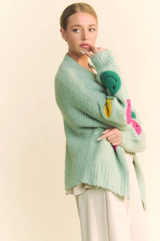 Davi & Dani Fuzzy Smile Open Front Long Sleeve Cardigan 8a614b80-94bb-4e43-a6de-b677b8dcc606-Max