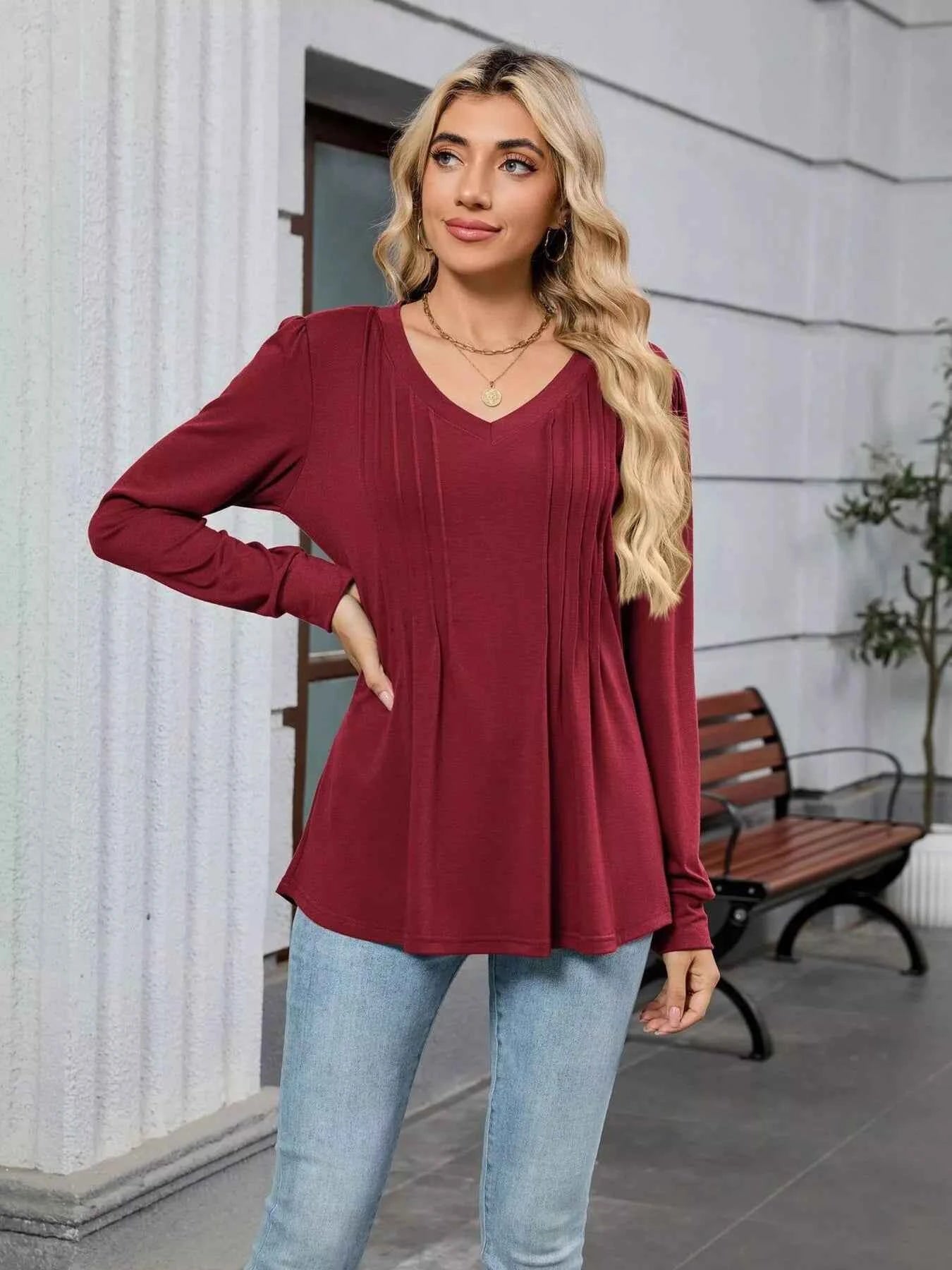 V-Neck Long Sleeve Relaxed Fit T-Shirt