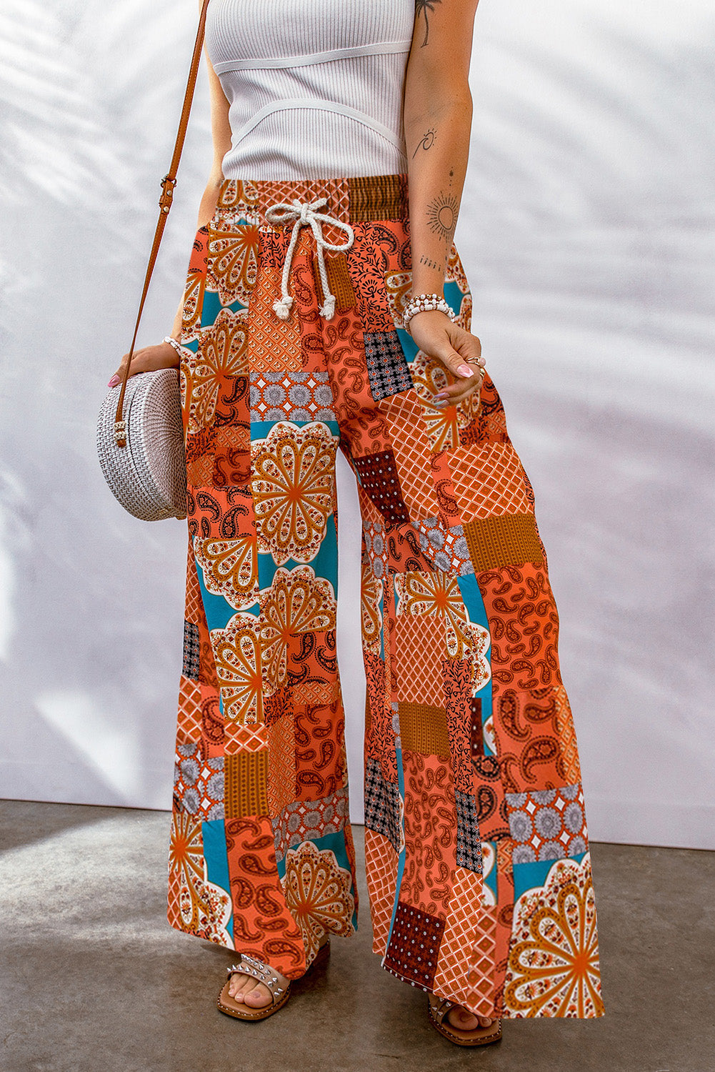 Bohemian Patchwork Drawstring Wide Leg Pants 8a686bf3f0e648ed826db2f90a38922c-Max