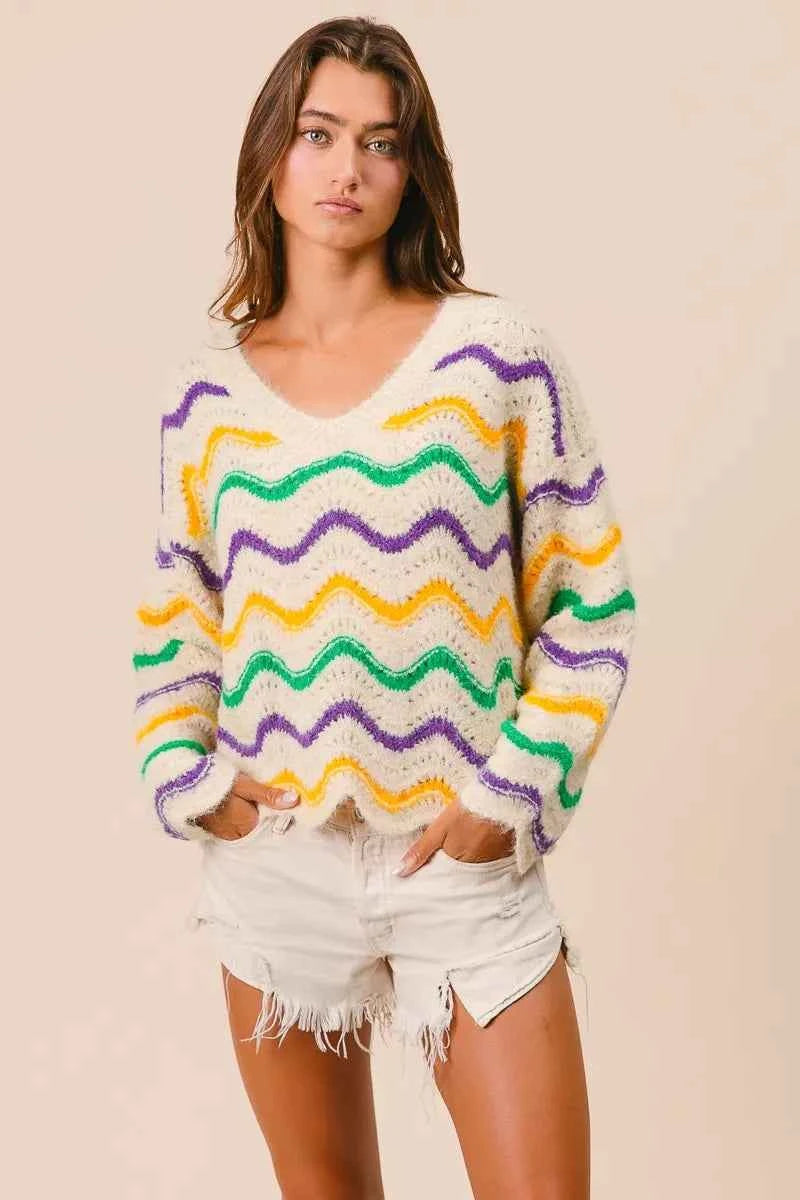 BiBi Mardi Gras Wavy Stripes V-Neck Sweater CREAM 8a68f5f81fab4d4ca26f3a30ed051807-Max-Origin