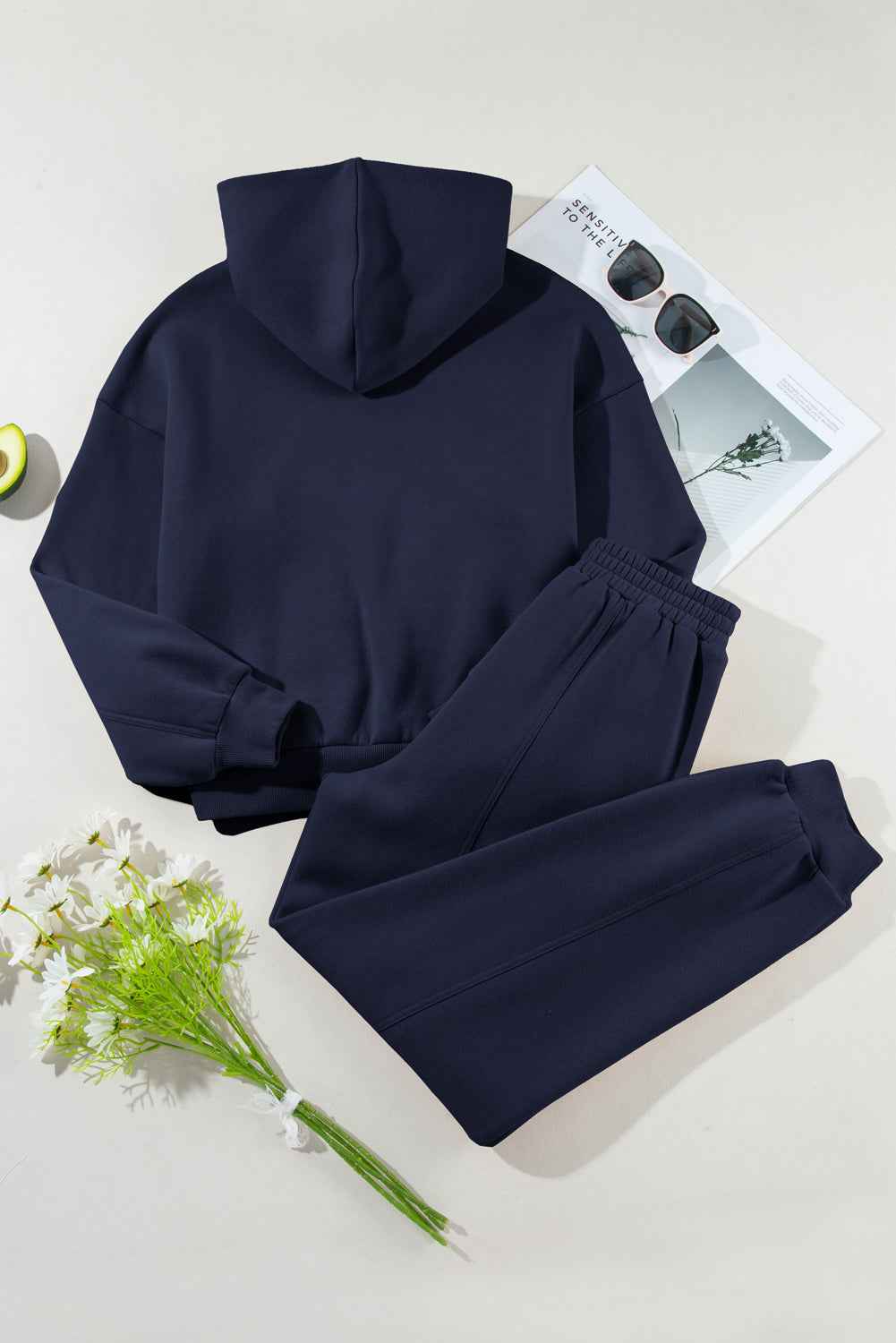 Navy Blue Solid Exposed Seams Hoodie and Joggers Activewear Set 8a6a0a1075a65e37