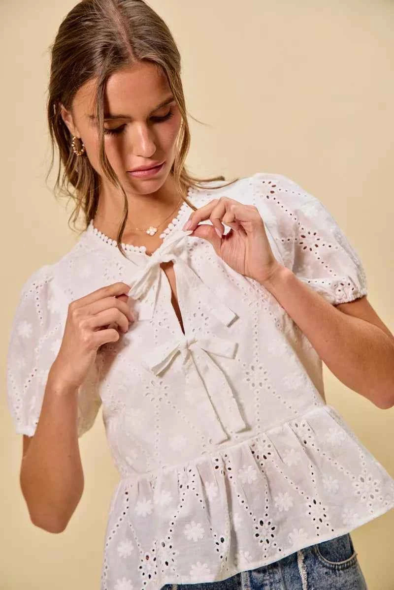 SO ME Cotton Eyelet Front Tie Short Sleeves Blouse 8a72b392382645b3b0510dd5df93a769-Max-Origin