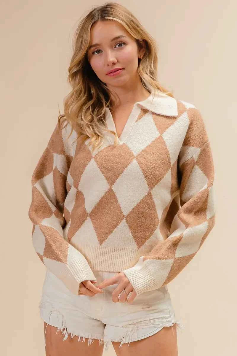 BiBi Diamond Pattern Collared Notch Neck Sweater 8a73a06fbcdd409080ef3dba6d6d9d68-Max-Origin