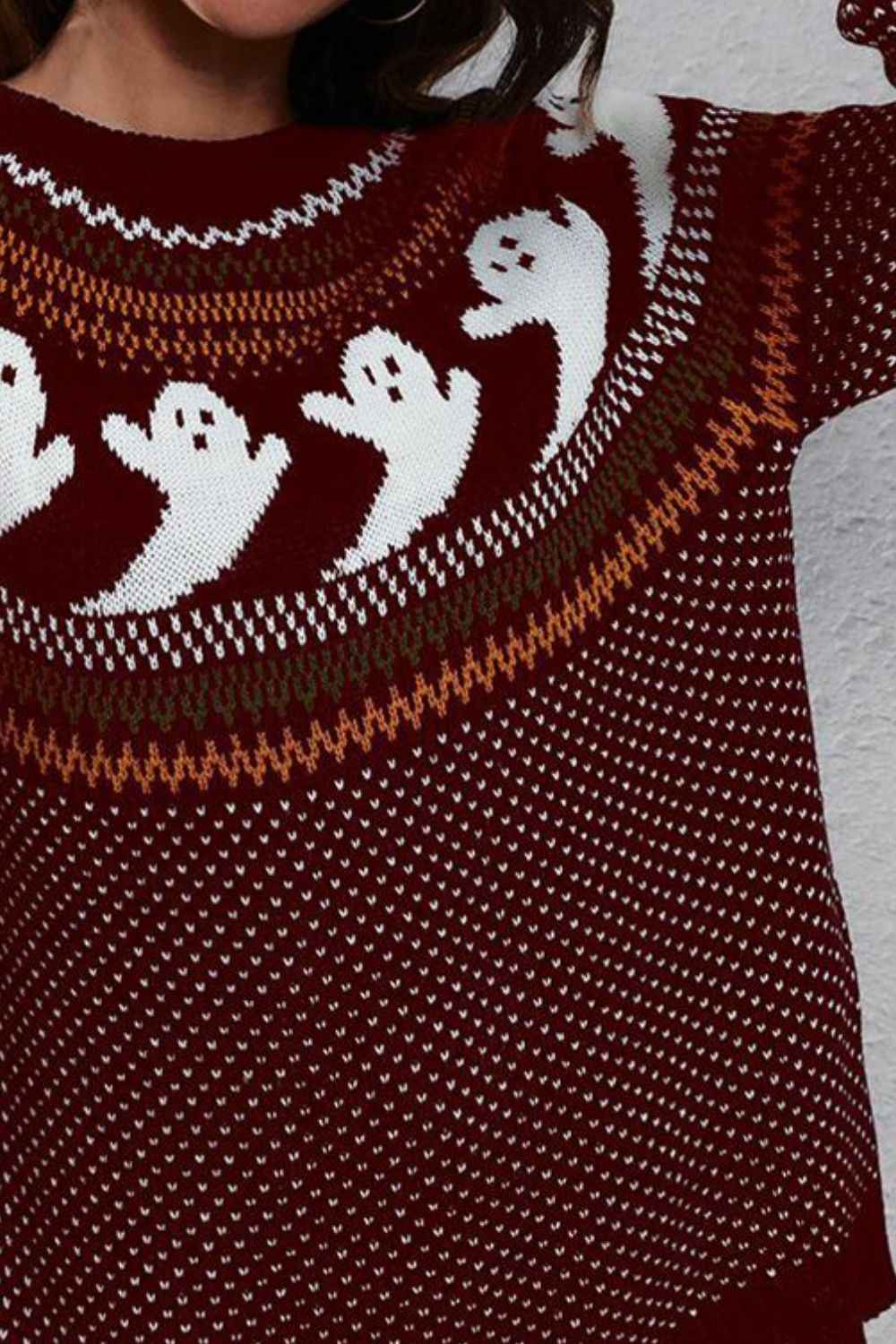 Ghost Pattern Round Neck Long Sleeve Sweater 8a78508367ca4483bf114d4f9b1c3243-Max