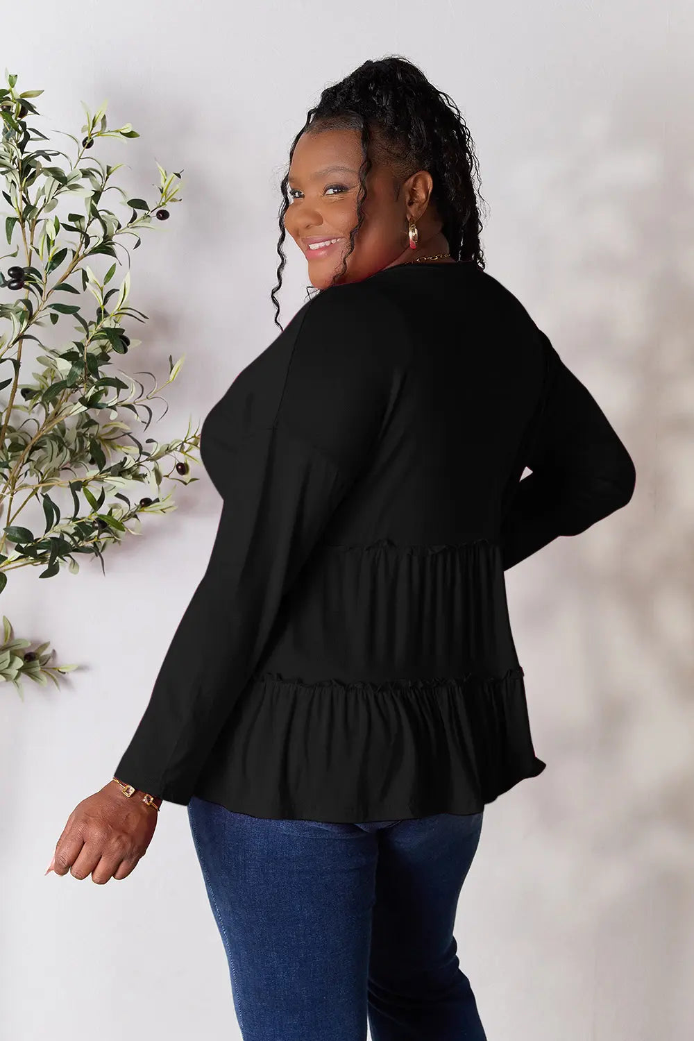 Double Take Half Button Long Sleeve Ruffle Hem Blouse 8a78c0f7344d4b45a734567db1dd91f6-Max