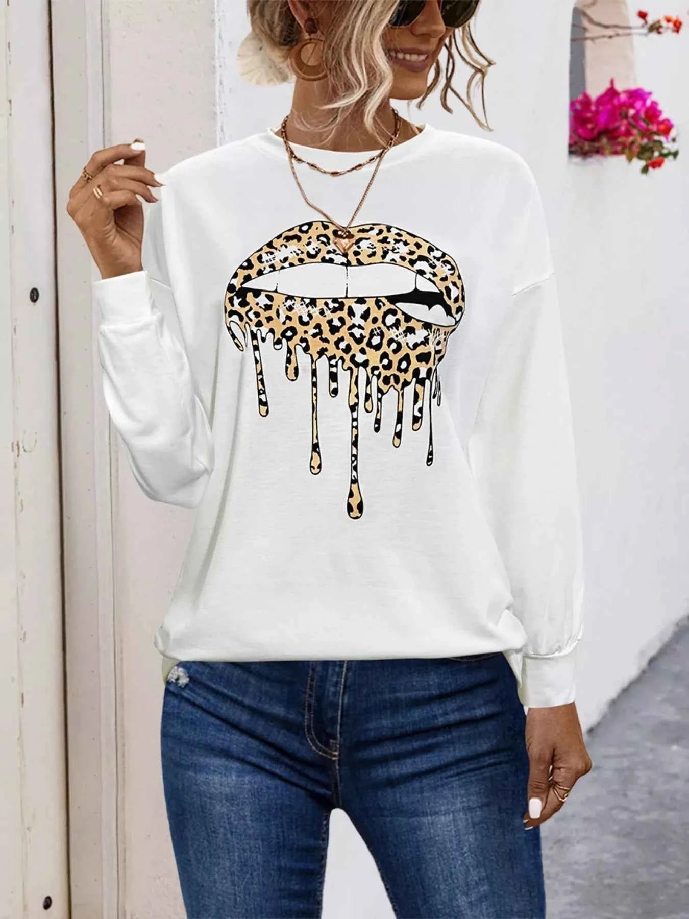 Graphic Round Neck Dropped Shoulder T-Shirt White Leopard 8a7aa7e1-0b9c-46ed-94a8-a40c8a332e84-Max-Origin