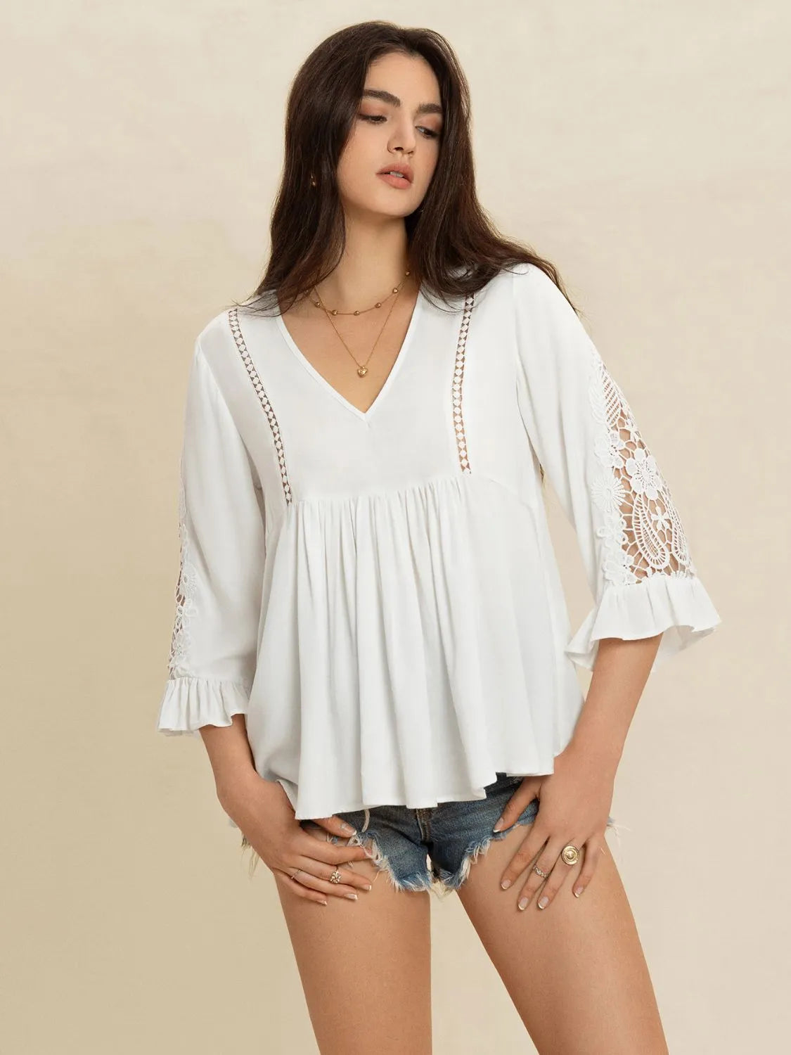 V-Neck Lace Flounce Sleeve Top White 8a7fe619-4493-49d6-b201-1d5df4de73b9-Max-Origin