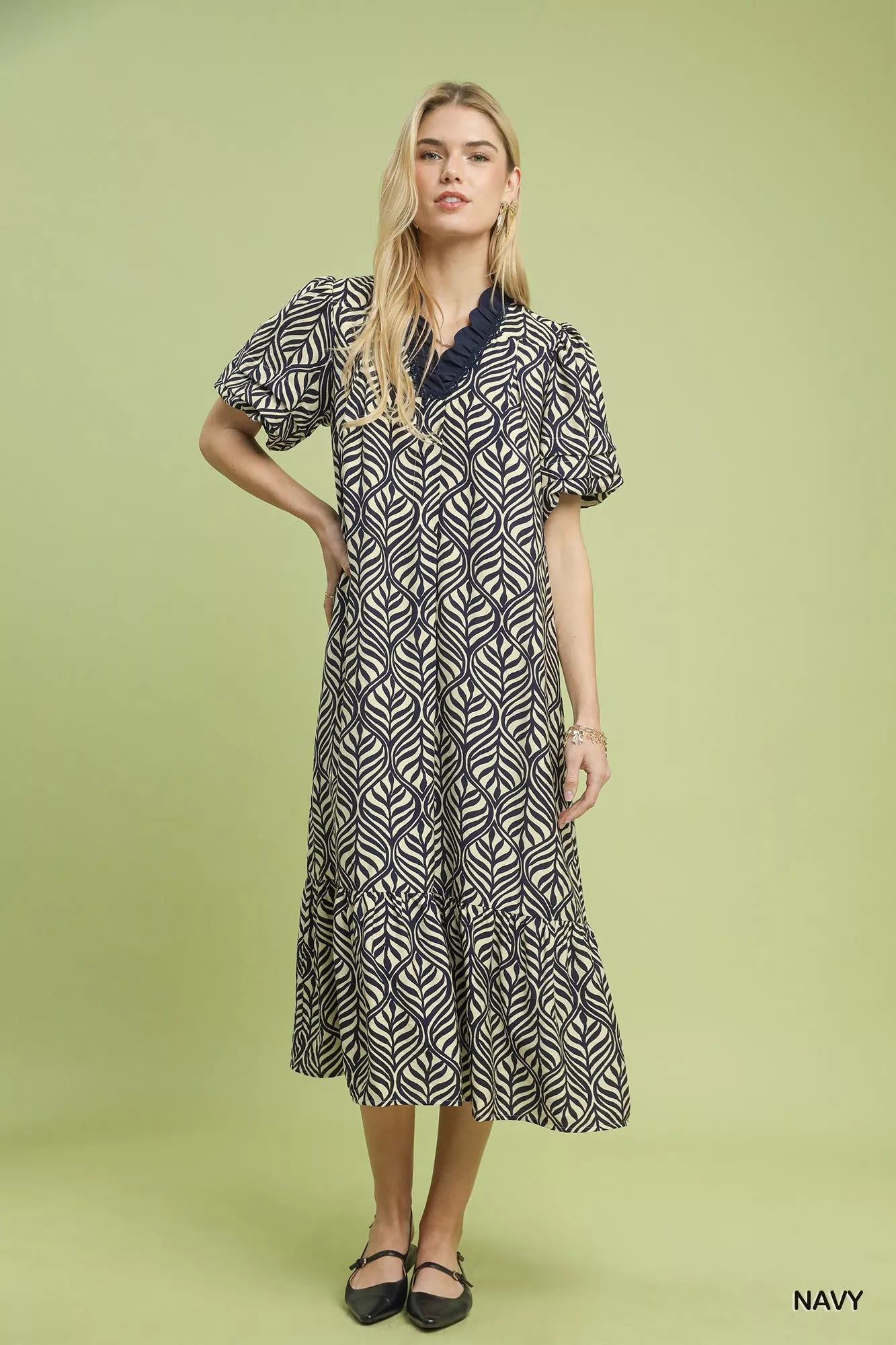 Umgee Leaf Print Ruffle Neck Midi Dress 8a9663cc-c811-4e4a-9e81-9e8e1a151ff7-Max-Origin