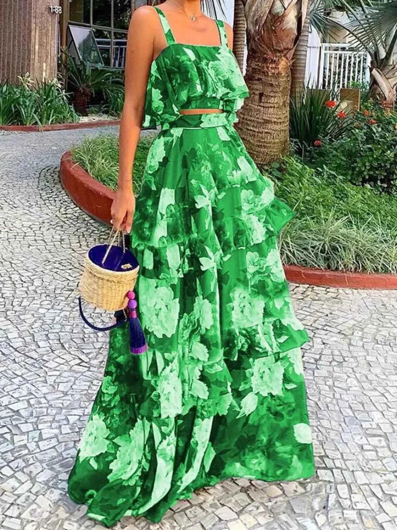 Full Size Floral Cami and Layered Skirt Set Plus Size Green 8a96a974a69542c4b031fc137e325ec4-Max-Origin