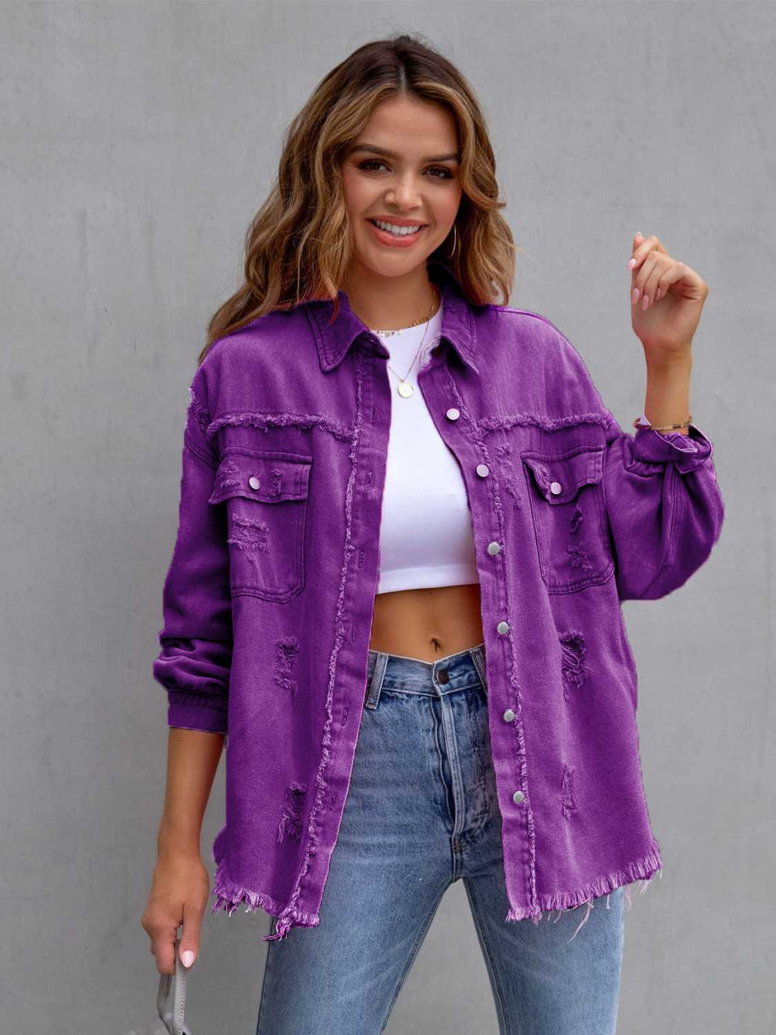 Distressed Drop Shoulder Denim Jacket Purple 8a96f75a578a4892b5e60aa572a8b774-Max