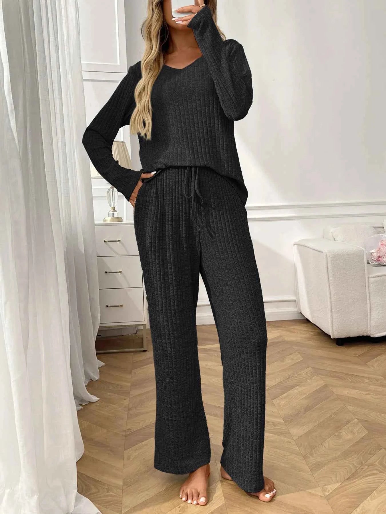Ribbed Long Sleeve Top and Pants Lounge Set 8aa180941df74574818502f0265139ab-Max-Origin